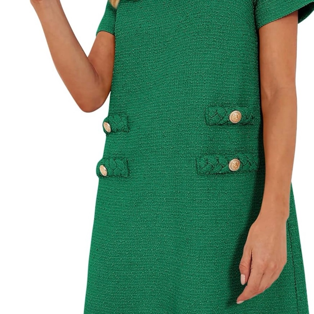Green Textured Short Sleeve Mini Dress with Gold Button Detail